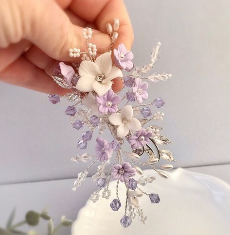 Purple Flowers In Hair, Rapunzel Wedding Theme, Bride Hair Clips, Hair Piece Wedding Hair, Bridal Flower Headband, Brides Hair, Bridesmaid Hair Pieces, Bride Hair Piece, Hair Piece Wedding