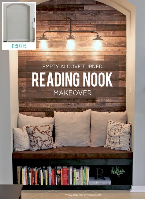 Cozy reading nook with a wood wall created out of an empty alcove. This DIY home renovation project packs a huge punch. Click through to see the full transformation and  for free plans to build your own reading nook bench! Reading Nook Bench, Diy Reading Nook, Wood Plank Wall, Nook Bench, Wood Plank Walls, Plank Walls, Free Plans, Cozy Reading Nook, Cozy Reading