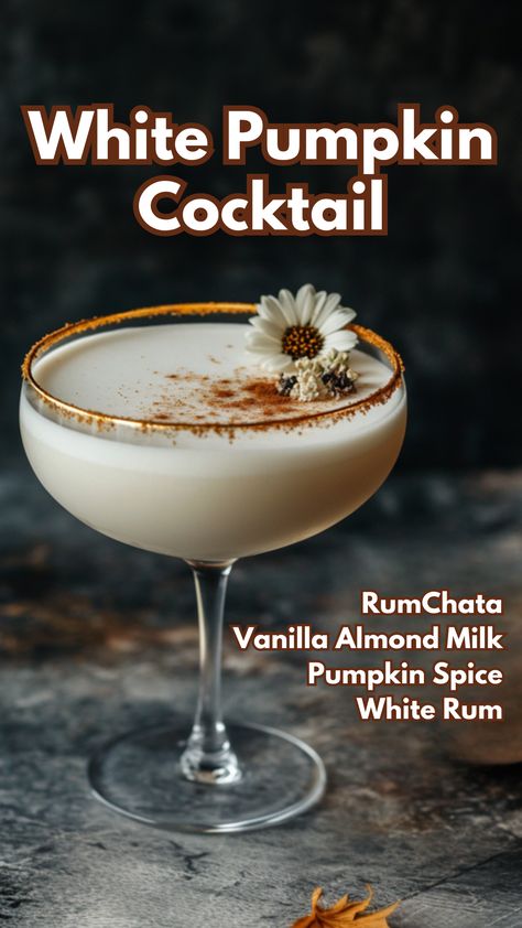 The White Pumpkin Cocktail is a creamy, indulgent drink that combines the smooth flavors of white rum, RumChata, and vanilla almond milk with a hint of pumpkin spice. This elegant and comforting cocktail is perfect for fall, offering a light yet flavorful sip that’s as visually stunning as it is delicious. #whitepumpkincocktail #pumpkincocktails via @mybartender Pumpkin Spice Rumchata Drinks, Rum Chatta Drinks, Pumpkin Cocktails, Rumchata Cocktails, Cocktail Cards, Pumpkin Drinks, Drinks Ideas, Rum Recipes, Spiced Apple Cider