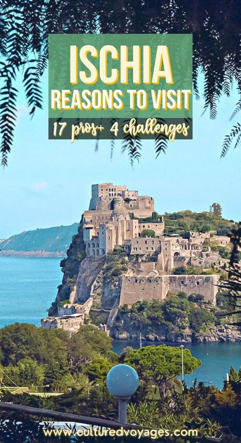 is ischia worth visiting pin cover for pinterest, a portrait view of the Castello Aragonese d'Ischia ruins on an islands surrounded by clear blue waters under blue skies from the another island filled with trees Ischia Island Italy, Italian Islands, Amalfi Coast Travel Guide, Amalfi Coast Itinerary, Ischia Italy, Italy Girl, Amalfi Coast Travel, Italian Trip, Italy Holiday