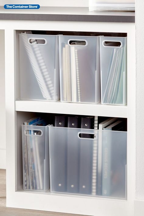 With the modular Shimo Collection, taking a minimalist approach to storage can give you maximum flexibility. These tall bins are durable and easy to carry so you can use them for a variety of functions. Line them up on a shelf to organize large items, notebooks, files or office supplies.They are ideal for storing crafts, toys or linens. Their sleek, translucent design looks great with any style. Integrated handles keep everything portable. Small Office Organization, Notebook Storage, School Supply Storage, Home Office Shelves, Desk Organisation, Office Organisation, Office Supply Storage, Stationary Organization, Dorm Storage