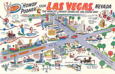 Vintage Cartoon Las Vegas Map Las Vegas Strip Map, Old Las Vegas, Las Vegas Map, Old Vegas, Sands Hotel, Boulder City, Display Boards, Las Vegas City, Vegas Hotel