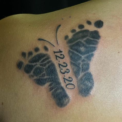 Butterfly Baby Tattoo Proudest Of Parents Butterfly Feet Tattoos, Rip Baby Tattoos, Baby Foot Tattoos For Moms, Baby Handprint Tattoo, Stillbirth Tattoo, Chance Tattoo, Butterfly Foot Tattoo, Butterfly Footprints, Baby Footprint Tattoo