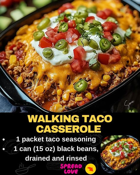 Walking Taco Casserole Dorito Taco Casserole, Casserole Dish Recipes, Bacon Cheeseburger Meatloaf, Walking Taco Casserole, Beef Tips And Noodles, Walking Taco, Bacon Cheeseburger Casserole, Mexican Casserole Recipe, Walking Tacos