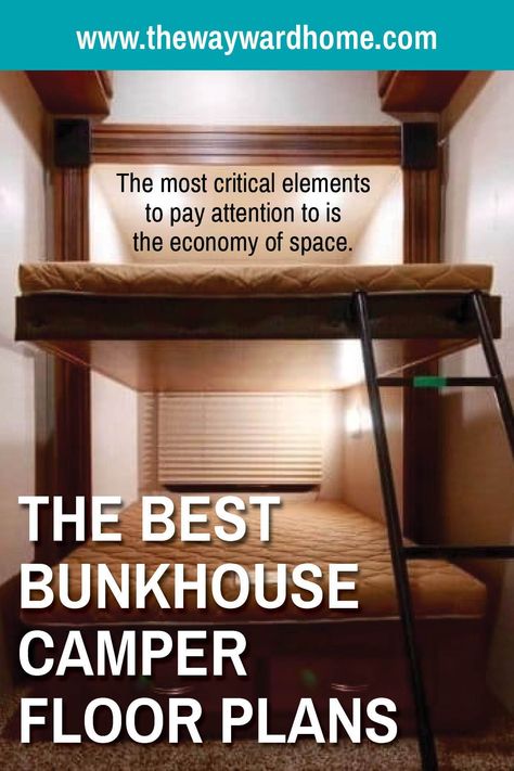 If you're looking for a bunkhouse camper floor plan, check this article out now! We've done all the research for you, so you don't have to! Check out the best bunkhouse camper floor plans we could find here. Camper Layout Floor Plans, Rv Layout Floor Plans, Camper Bunkhouse Remodel, Camper Floor Plans, Bunkhouse Camper, Camper Organization Travel Trailers, Travel Trailer Floor Plans, Bunkhouse Travel Trailer, Camper Flooring