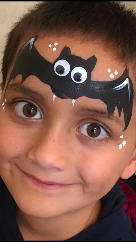 Bat Face Painting Kids, Face Painting For Halloween For Kids, Kids Bat Makeup, Halloween Simple Face Paint, Face Paint Kids Halloween, Halloween Kid Face Paint, Easy Kids Halloween Face Paint, Halloween Face Paint Kids Easy, Bat Face Paint Kids