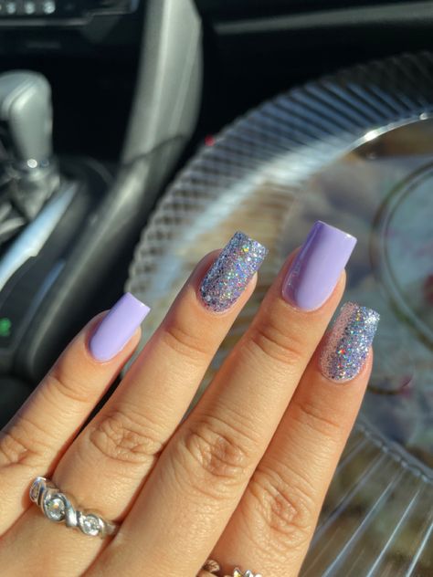 Purple And Sparkle Acrylic Nails, Prom Nails Acrylic Purple And Silver, Purple Nails Silver Glitter, Blue And Purple Nails Acrylic Short, Dark Purple Glitter French Tip Nails, Sparkly Lavender Nails, Purple With Glitter Nails, Purple Nails With Glitter Accent, Nails With Purple Dress