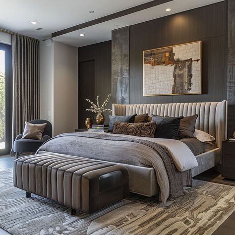 Grey Frame Bedroom Ideas, Velvet Bed Frame Bedroom, Moody Modern Bedroom, Gray Headboard Bedroom Decor, Tranquility Room, American Style Bedroom, Master Bedrooms Ideas For Couples, Grey Headboard Bedroom Ideas Decor, Dream Beds