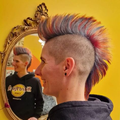 Red Mohawk Men, Goth Mohawk, Rainbow Mow Hawk, Orange Mohawk, Purple Mohawk, Blacklight Halloween, Punk Mohawk, Mohawk Hairstyles Men, Mohawk Styles