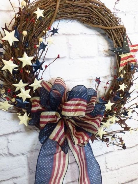 Diy Mantle, Blue Diy, Patriotic Wreaths, Memorial Day Wreaths, Americana Wreath, 4th July Crafts, July Wreath, Fourth Of July Decor, Grapevine Wreaths