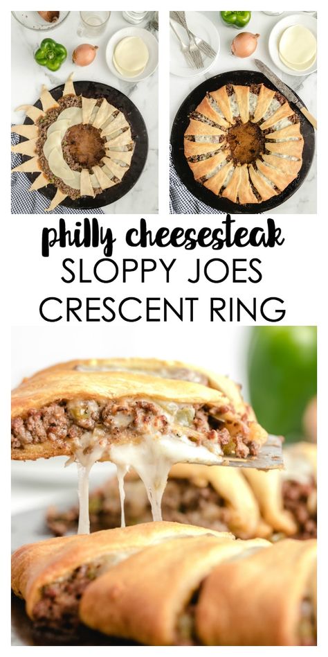 This Philly Cheesesteak Sloppy Joes Crescent Ring is a delicious and simple dinner idea.  This crescent ring is packed full of cheesy flavor and is a budget friendly twist on on a favorite dish. Cheesesteak Sloppy Joes, Philly Cheesesteak Sloppy Joes, Crescent Recipes, Pillsbury Recipes, Crescent Ring, Baked Dinner, Crescent Roll Recipes, Philly Cheesesteak, Simple Dinner