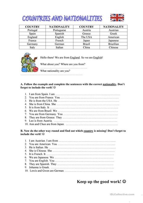 Countries / Nationalities - English ESL Worksheets for distance learning and physical classrooms Countries And Nationalities Worksheet, Verb Vocabulary, Country And Nationality, Verb To Be, English Exercises, Language Worksheets, Learning English For Kids, Esl Lessons, The Verb