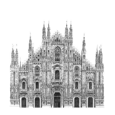 Il Duomo Cathedral - Milan. Architectural Street and Building Drawings. See more art and information about Minty Sainsbury, Press the Image. Duomo Drawing, Duomo Tattoo, Milan Drawing, Minty Sainsbury, Milan Architecture, Photorealistic Drawings, Duomo Cathedral, Building Drawings, Duomo Milan