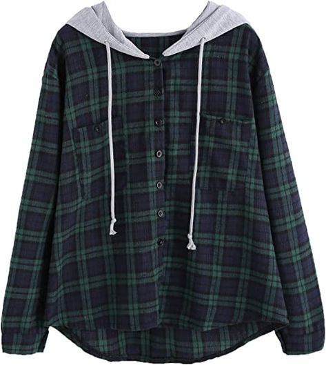 SweatyRocks Women's Long Sleeve Plaid Hoodie Jacket Button Down Blouse Tops at Amazon Women’s Clothing store Goblincore Aesthetic Clothes, Tops Online Shopping, Alt Clothes, Egirl Clothes, Flannel Hoodie, Plaid Hoodie, Hooded Flannel, T Shirt Crop Top, Blouse Tops