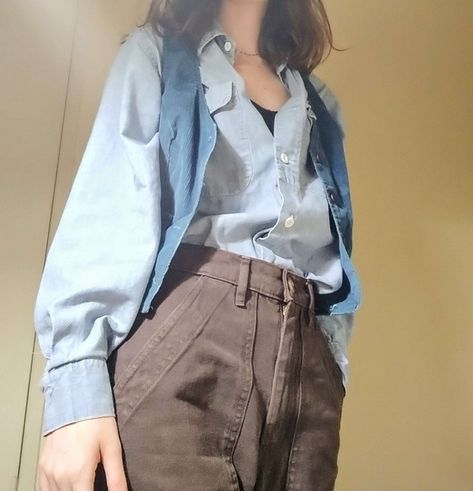 Blue Masc Outfits, Blue Shirt Brown Pants, Brown High Waisted Pants, Blue Tank Top Outfit, Blue Academia, Blue Top Outfit, Corset Aesthetic, Blue Cottagecore, Corduroy Vest