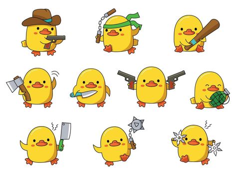 Set of illustrations with dangerous cute ducks. With different weapons. Vector graphic. Cute Animals With Knives Drawings, Duck With Knife Tattoo, Duck With Knife Drawing, Ducks Cartoon, Duck Vector, Duck With Knife, Prison Drawings, Cute Ducks, Duck Illustration