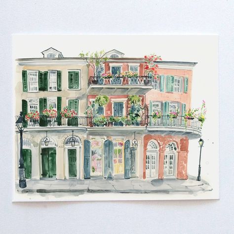 Painted in delicate watercolor on a clean white background by local New Orleans artist Lyla Clayre, a scene of her beautiful French Quarter Studio. Grab a few and make your very own collage of New Orleans. Hand signed 5" x 7" archival quality fine art print Packaged with post-consumer 100% recycled backing board and clear protective sleeve Made in New Orleans, painted on location in the French Quarter Future Wall, Clean White Background, Jazz Painting, New Orleans Art, Palm Tree Art, Delicate Watercolor, Building Illustration, Oil Pastel Art, House Illustration