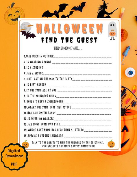 "Halloween Find The Guest Game | Spooky Halloween Printable Game | PDF | Scary Witch | Zoom l Halloween Party Game l Adults Kids Party Game l Easy to print at home and fun to play! NO PHYSICAL PRODUCT WILL BE SHIPPED ★ WHAT YOU GET ★ Halloween Find The Guest Game <2 PDF Files> PDF Files with White Background : * 1 game Card on 8.5x11 inch page *2 game Cards on 8.5 x 11-inch page with Crop marks ( easy cut!) ★ Get The Bundle★ Halloween 5 Game Bundle: https://www.etsy.com/listing/1064795909 Witch Party Games For Adults, Witch Games For Adults, Halloween House Party Games, Halloween Themed Games For Adults, Halloween At Home Ideas For Kids, Fun Halloween Party Games For Kids, Kids Halloween Party Ideas Games, Kids Halloween Party Activities, Easy Party Games For Adults