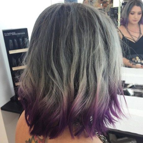 Gray Balayage And Purple Dip Dye Dye Hair Ideas, Purple Dip Dye, Dipped Hair, Gray Balayage, Dyed Tips, Hair Dye Tips, Dyed Hair Pastel, Dip Dye Hair, Colored Hair Tips