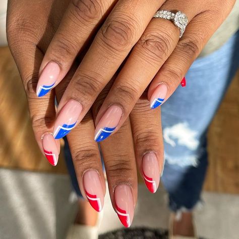 Yasmin Rossy on Instagram: "Buffalo bills inspired 🦬❤️💙 . . . . #buffalobillsnails #buffalobills #buffalobillainspired #footballteamcolors #footballseason #halffrenchnails #frenchtips #handpaintednailart #nailart #nailartist #nailinspo #nailinspiration #structuregel #structuredmani #structuredmanicure #luminary #luminarynailsystems #nailtech #almondnails #naturalnails #naturalnailgoals #botanicanailstudio #rochesterny #rochesternynails #tochesternynailtech" Buffalo Bills Nails Design, Bills Nails, Buffalo Bills Nails, Buffalo Bill, Painted Nail Art, Bow Ring, Nail Studio, Dope Nails, Buffalo Bills