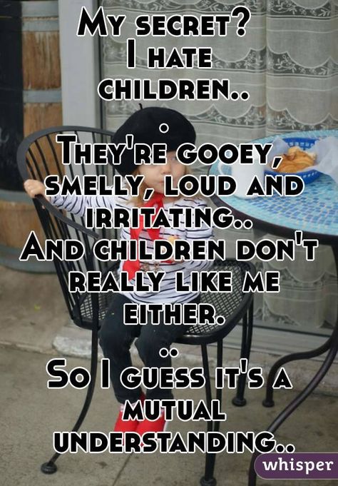 "My secret? I hate children... They're gooey, smelly, loud and irritating.. And children don't really like me either...So I guess it's a mutual understanding.." Childfree Quotes, Hate Children, Annoying Kids, Self Absorbed, Kids Fans, Easily Offended, Quotes Disney, Random Memes, Kids Blankets