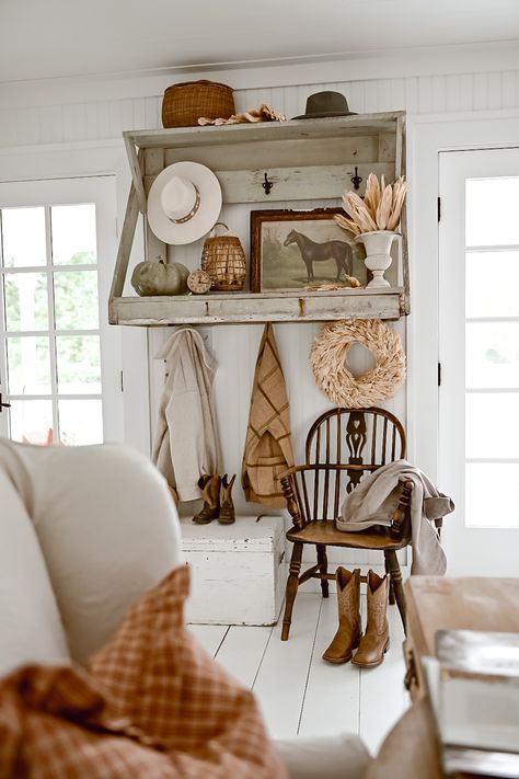 Cozy White Cottage, Liz Marie, Liz Marie Blog, Cozy Fall Decor, Fall Decor Inspiration, Entry Way Design, Farmhouse Fall Decor, Rustic Cottage, Summer Home