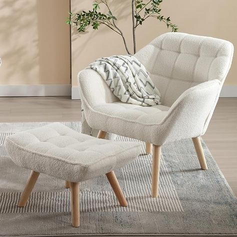 Amazon.com: ZSARTS White Accent Chair with Ottoman, Modern Sherpa Armchair for Living Room Upholstered Wingback Chair Reading Chair with Footrest for Bedroom Small Space,White… : Home & Kitchen Sherpa Accent Chair, Boucle Armchair, Accent Chair With Ottoman, Comfy Reading Chair, Small Loveseat, Comfy Reading, White Accent Chair, Armchair With Ottoman, Small Couch