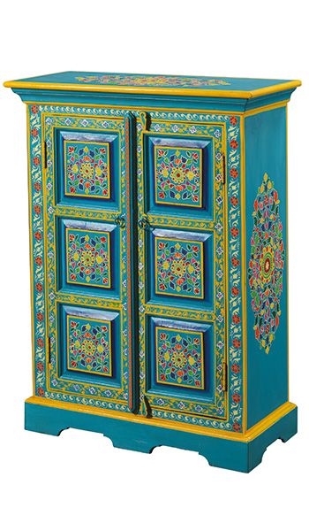 Indian Cupboard, Turquoise Cabinets, Painted Cabinet, Indian Furniture, Painted Chairs, Funky Painted Furniture, Funky Furniture, Indian Decor, Hand Painted Furniture