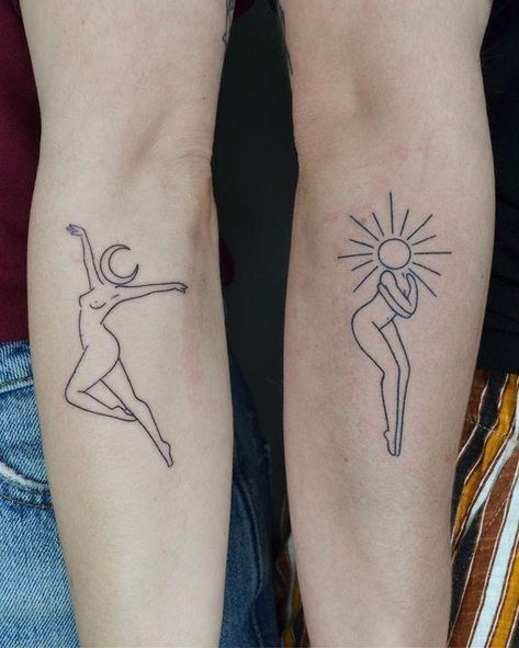 Coolest Forearm Tattoos Sun And Moon Dancing Tattoo, Dancing Moon Tattoo, Dancing Sun Tattoo, Matching Dance Tattoos, Small Coordinating Tattoos, Song Lyrics As Tattoos, Dancing Under The Moon Tattoo, Unique Friend Tattoos, Woman Dancing Tattoo