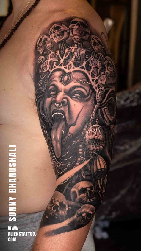 Intricate Realistic Kali tattoo by Sunny Bhanushali at Aliens Tattoo India Kali Tattoos, Maa Tattoo Designs, Aliens Tattoo, Kali Tattoo, Hindu Tattoos, Ma Tattoo, Z Tattoo, Buddha Tattoos, Ganesha Tattoo