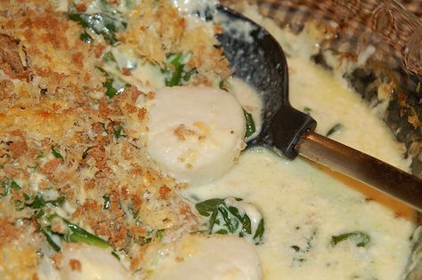 Deb's Scallops Florentine Recipe - Allrecipes.com Florentine Recipe, Bay Scallops, Florentines Recipe, Parmesan Cheese Sauce, Sea Scallops, Scallop Recipes, Cheese Sauce, Fish Dishes, Parmesan Cheese