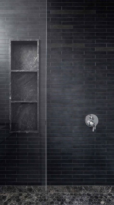 Matte Black Master Bath, Black Bathroom Tile Shower Wall, Black Matte Bathroom Tile, Black Master Shower Tile, Dark Tile Master Shower Ideas, Matte Black Subway Tile Bathroom, All Black Shower Tile, Basalt Tile Bathroom, Masculine Master Bathrooms