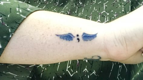 In memory of Tina. Semicolon project angel wings Semi-colon Tattoo In Memory, Angel Wings And Semicolon Tattoo, Semi-colon Tattoo Angel Wings, Semi Tattoo, Colon Tattoo, Only Angel, Semicolon Project, Couples Tattoos, Semi Colon