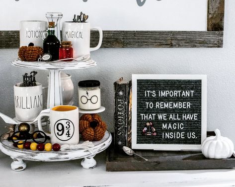 https://www.instagram.com/p/BmWGDotBPfo/?utm_source=ig_share_sheet&igshid=2it3xfmqmhkp #harrypotter #magical #raedunnclay #raedunn #potterhead #witchesandwizards #homedecor Harry Potter Tiered Tray Decor, Harry Potter Coffee Bar Ideas, Harry Potter Tiered Tray, Harry Potter Coffee Bar, Harry Potter Display, Hp Christmas, Goth House, Harry Potter Christmas Decorations, Harry Potter 9