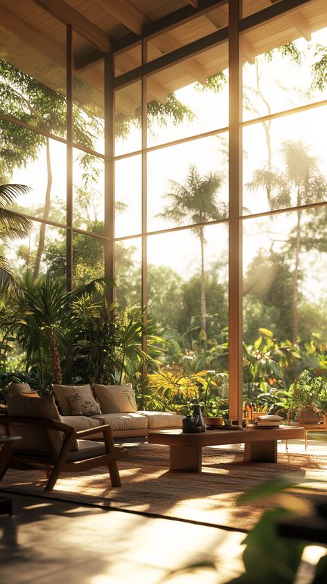 A charming tropical house with expansive windows overlooking vibrant gardens Tropical House Exterior, Large Glass Windows, Tropical House, Big Windows, Garden View, Black Glass, Beautiful Gardens, Home Organization, House Exterior