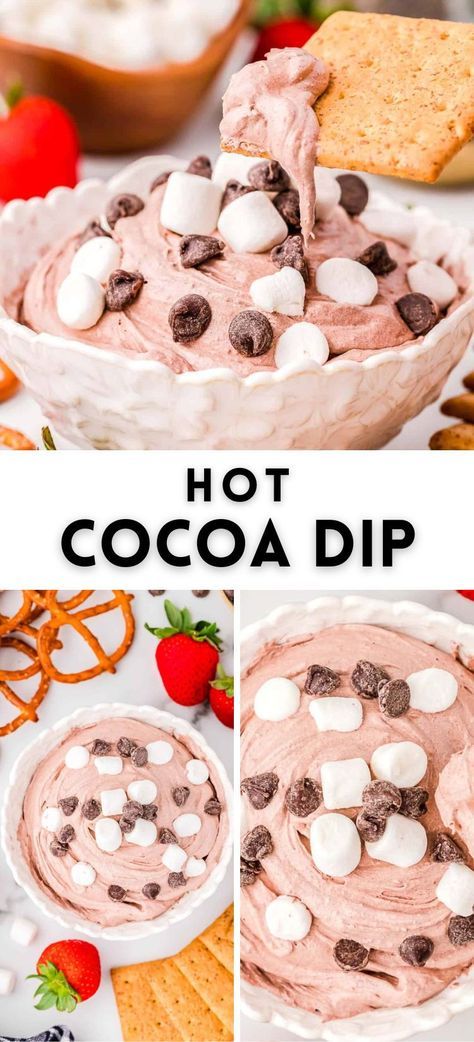 With 3 simple ingredients, you can put this easy hot cocoa dip recipe together in no time flat. This festive dessert dip is perfect for holiday parties or a winter afternoon. What a fun way to eat your hot cocoa! 3 Ingredient Dessert Dip, Cheap Dip Recipes For A Crowd, Hot Dessert Dips Crock Pot, Easy Sweet Treats For Party, Board Night Dessert, Easy Shareable Dips, Cool Whip Hot Cocoa Dip, Easy Winter Party Food, Conoli Recipe Dip Easy