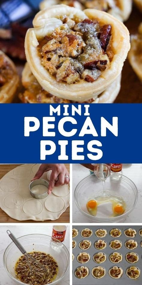 Learn how to make Mini Pecan Pies in a muffin tin! This is an easy recipe that's perfect for the holidays. Make bite sized pecan pies in a mini muffin pan or a cupcake pan. This is the classic Karo Syrup recipe that makes a gooey pecan pie! Individual Pecan Pies Recipe, Pecan Pie Recipe Mini, Cupcake Tin Pies, Mini Pecan Pies Easy, Karo Pecan Pie Recipe, Mini Cupcake Pan Recipes, Muffin Tin Pies, Mini Pie Crust Recipe, Karo Pecan Pie