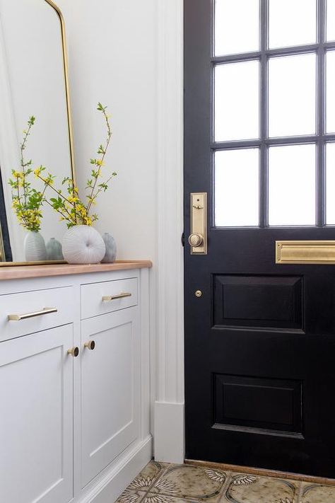 Black Front Door With Gold Hardware, Black Front Door Gold Hardware, Black Door With Gold Hardware, Black Door Gold Hardware, Black Glass Front Door, Entryway Cabinets, House Reset, Mirrored Table Decor, Brass Door Knob