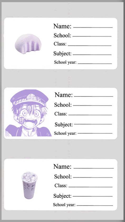 Anime Name Tags Printable, Name Tag Aesthetic, Anime Back, School Stickers Labels, Anime Purple, Purple Names, Notebook Labels, Name Tag For School, Name Tag Templates