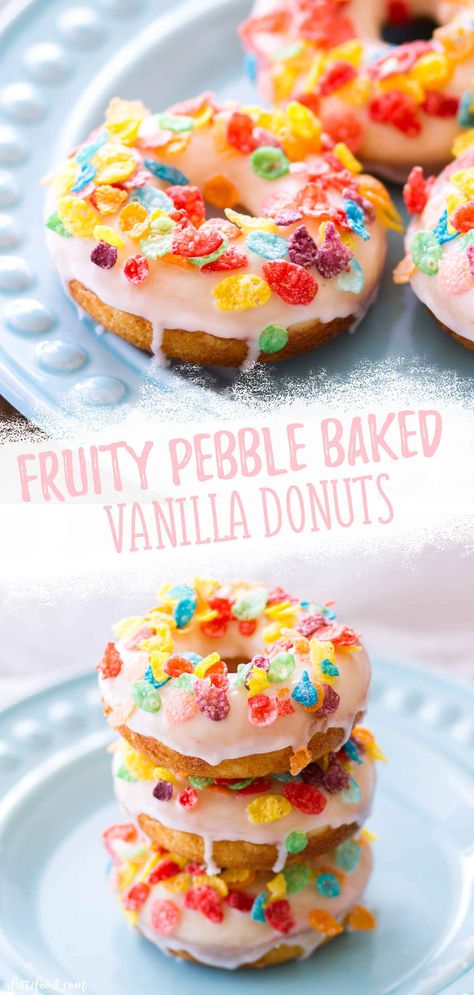 Vanilla Donuts Baked, Cereal Donuts, Mini Donut Recipes, Donut Ideas, Donuts Recipes, Fruity Pebble, Cake Donuts Recipe, Kid Friendly Dessert, Homemade Donuts Recipe