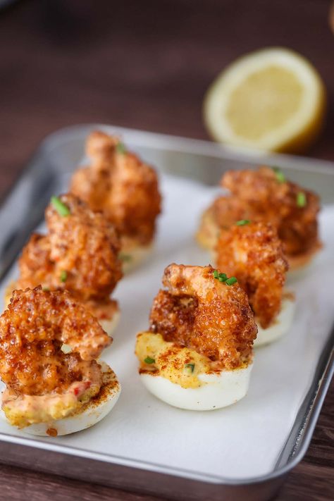 Fried Shrimp Deviled Eggs Fried Shrimp Deviled Eggs, Jalapeño Popper Deviled Eggs, Deviled Eggs With Shrimp On Top, Creole Deviled Eggs, Deviled Eggs Fried, Fried Shrimp Meals, Fried Finger Food, Hot Honey Shrimp Deviled Eggs, Fried Shrimp Sides