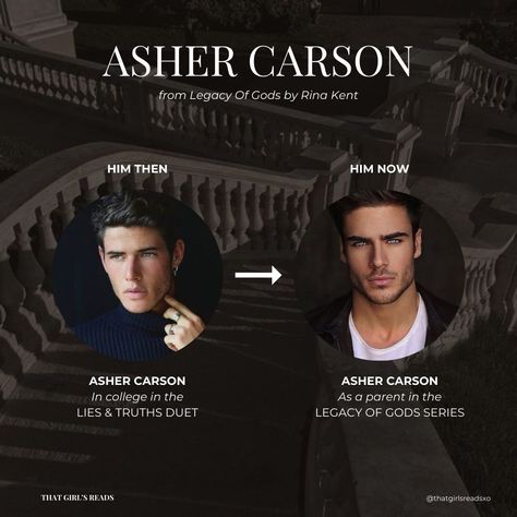 Asher Carson is older in the Legacy Of Gods series by Rina Kent. He's no longer the college student we met in the Lies + Truths Duet. He married Reina Ellis and is now a parent to Killian and Gareth.  Older Asher Model: Jorge Del Rio Romero Younger Asher Model: Raphael Say  #ashercarson #liesandtruthsduet #legacyofgods #rinakentuniverse #rinakent #olderashercarson #ashercarsonasaparent #asherandreinacarson #asherandreina Asher Carson Rina Kent, Reina And Asher Rina Kent, Asher And Reina, Lies And Truths Rina Kent, Rina Kent Universe, All The Lies Rina Kent, Asher Carson, Reina Ellis, Dark Book