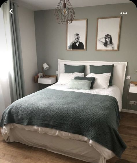 Long Room Paint Ideas, Pale Green Bedroom Aesthetic, Sage Minimalist Bedroom, Bedroom Inspo Green, Parents Bedroom Design, Sage Bedroom, Green Bedroom Walls, Gray Bedroom Walls, Sage Green Bedroom