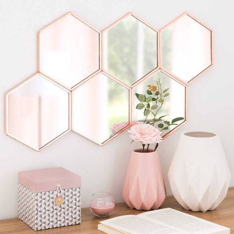 Blush Pink Hexagon Mirror Cluster Copper Frame Hexagon Shaped Wall Mirror Hexagon Wall Mirror Hexagon Wall Mirror Ikea Rose Gold Bedroom Decor, Copper Room, Copper Bedroom, Blush Bedroom, Rose Gold Bedroom, Gold Bedroom Decor, Gold Room, Diy Copper, Gold Living