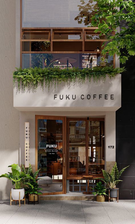 FUKU COFFEE :: Behance Coffee Shop With Plants, Cafe Exterior, Mini Cafe, Small Coffee Shop, Small Cafe Design, Coffee Shop Interior Design, Storefront Design, Cafe Shop Design, Coffee Shop Aesthetic