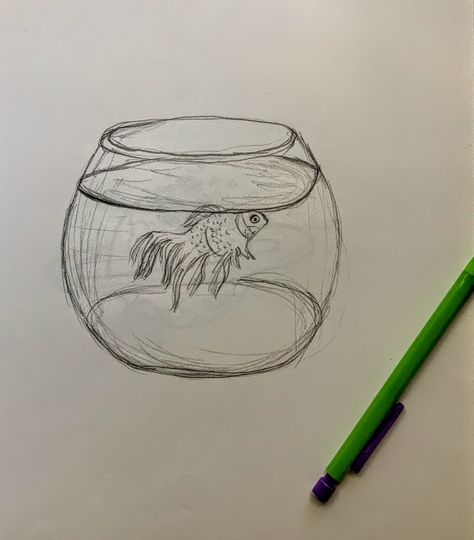 Fish In Bowl Drawing, Fish Bowl Sketch, Fishbowl Sketch, Fish Bowl Drawing, Bowl Sketch, Music Sketch, Fish Sketch, Baby Fish, Sketches Easy