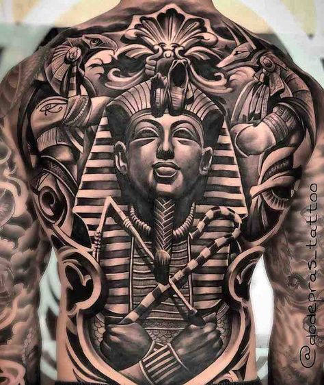 Back Tattoos by Dode Pras Tato Realis, Egyptian Eye Tattoos, Backpiece Tattoo, Cool Back Tattoos, Starověký Egypt, Egyptian Tattoo Sleeve, Anubis Tattoo, African Tattoo, Back Piece Tattoo