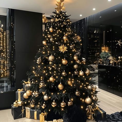 Make a statement with a Black & Gold Christmas Tree, featuring dazzling ornaments and bold holiday style. Black Tree Gold Ornaments, Black And Gold Tree Christmas, Black Xmas Tree Decorating Ideas, Gold And Black Christmas Tree, Black Gold Christmas Tree, Black And Gold Christmas Tree, Black Gold Christmas, Tree For Christmas, Black Christmas Trees