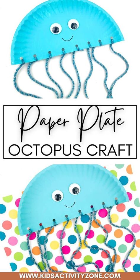 Create and adorable Paper Plate Octopus craft with minimal supplies and time! All you need to make this easy Octopus is a paper plate, paint, yarn and googly eyes. This is the perfect easy animal craft for preschoolers and kindergarteners. Octopus Toddler Craft, Octopus Art And Craft, Octopus Craft For Toddlers, Octopus Crafts For Toddlers, Octopus Activities For Preschool, Blue Crafts For Toddlers, Octopus Craft Preschool, Blue Day Crafts Preschool, Paper Plate Octopus