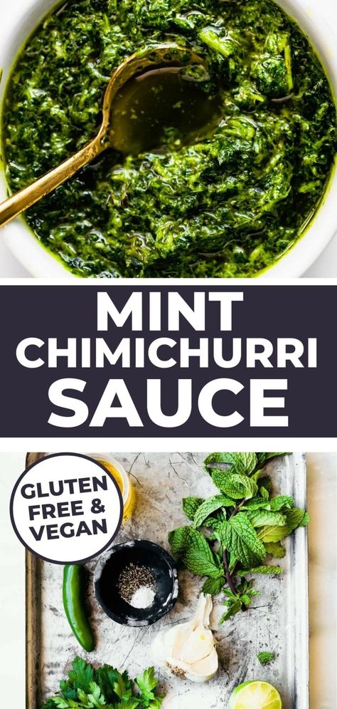 Sweet Chimichurri Sauce, Mint Chimichurri Sauce, Mint Chimichurri, Grilled Lamb Chop Recipes, Guatemalan Food, Chimichurri Sauce Recipe, Winter Club, Mint Herb, Gluten Free Sauces